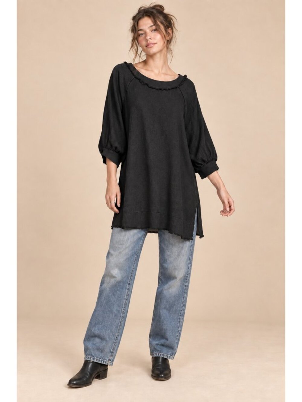 White Birch Raw Edge Oversized Tunic Top Boho Grunge Minimalist Size S Black